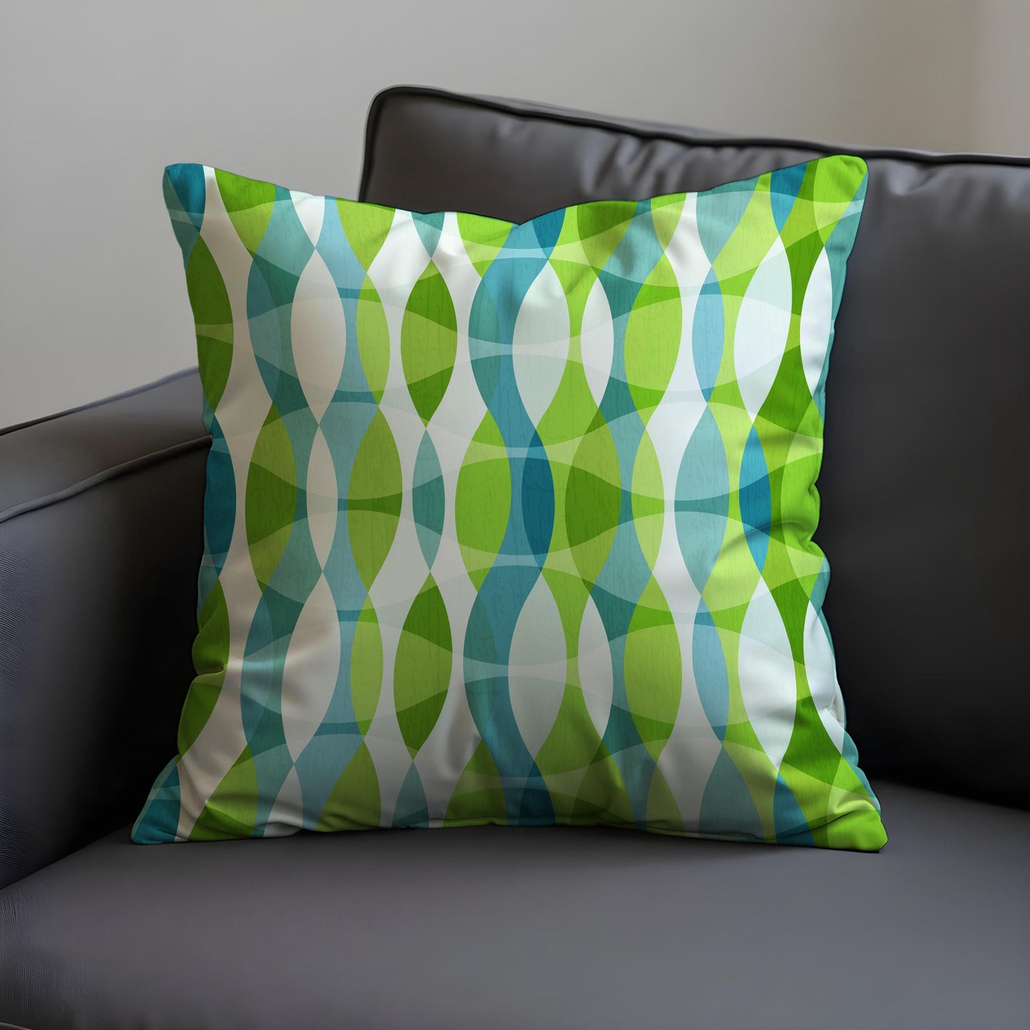 Mid-Century Modern Cushion Cover, Blue & Green Retro Wave Pillow Cover
