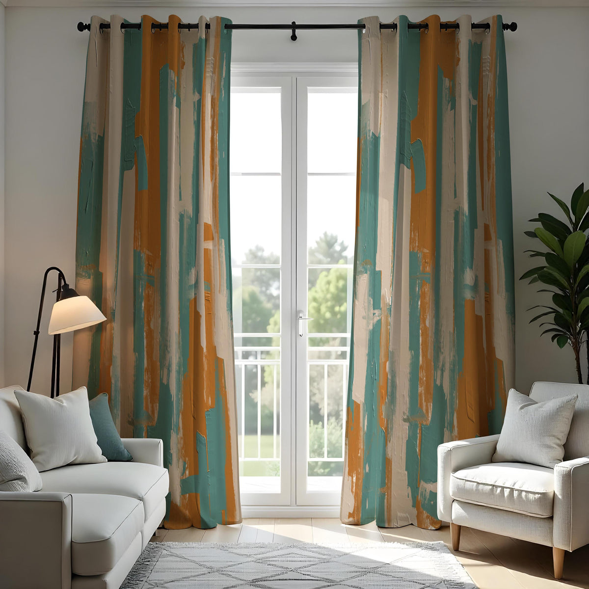 Teal and Rust Brushstroke Curtains, Abstract Art Drapes