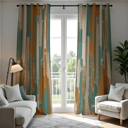 Teal and Rust Brushstroke Curtains, Abstract Art Drapes