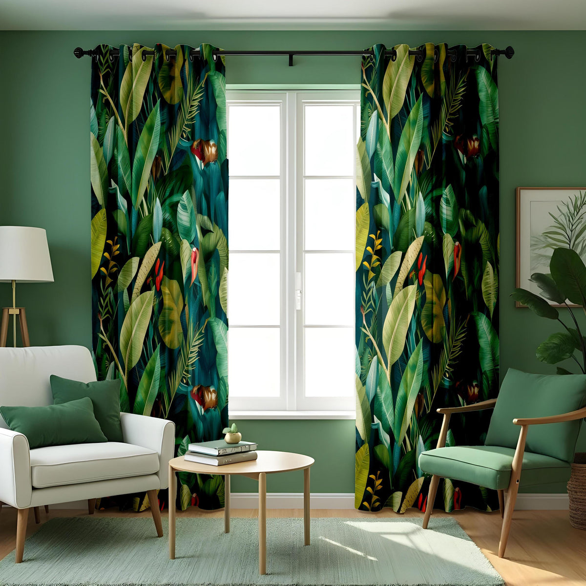 Green Palm Leaf Curtains, Tropical Jungle Botanical Drapes