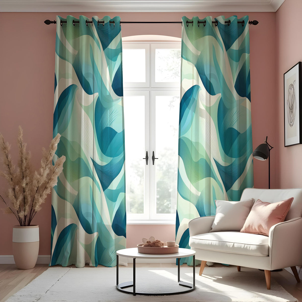 Teal Aqua Art Deco Wave Curtains, Ocean Geometric Drapes
