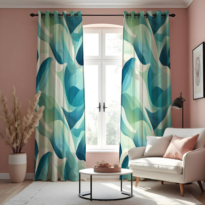 Teal Aqua Art Deco Wave Curtains, Ocean Geometric Drapes