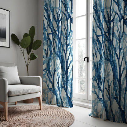 Blue Watercolor Tree Branch Curtains, Forest Botanical Drapes