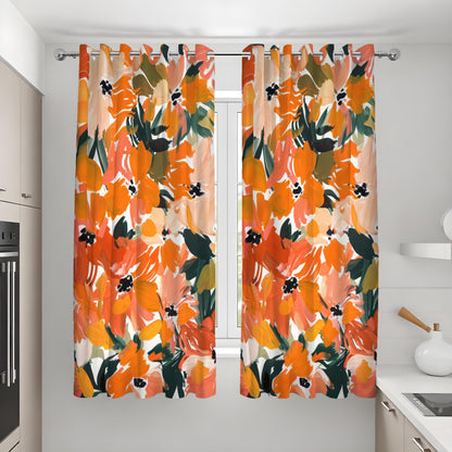 Orange Abstract Floral Curtains, Painterly Botanical Drapes