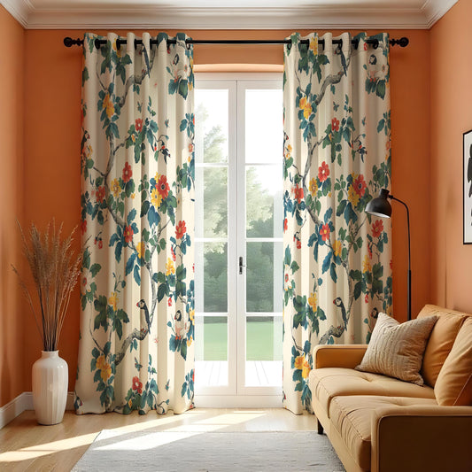 Bird and Floral Chinoiserie Curtains, Botanical Custom Drapes