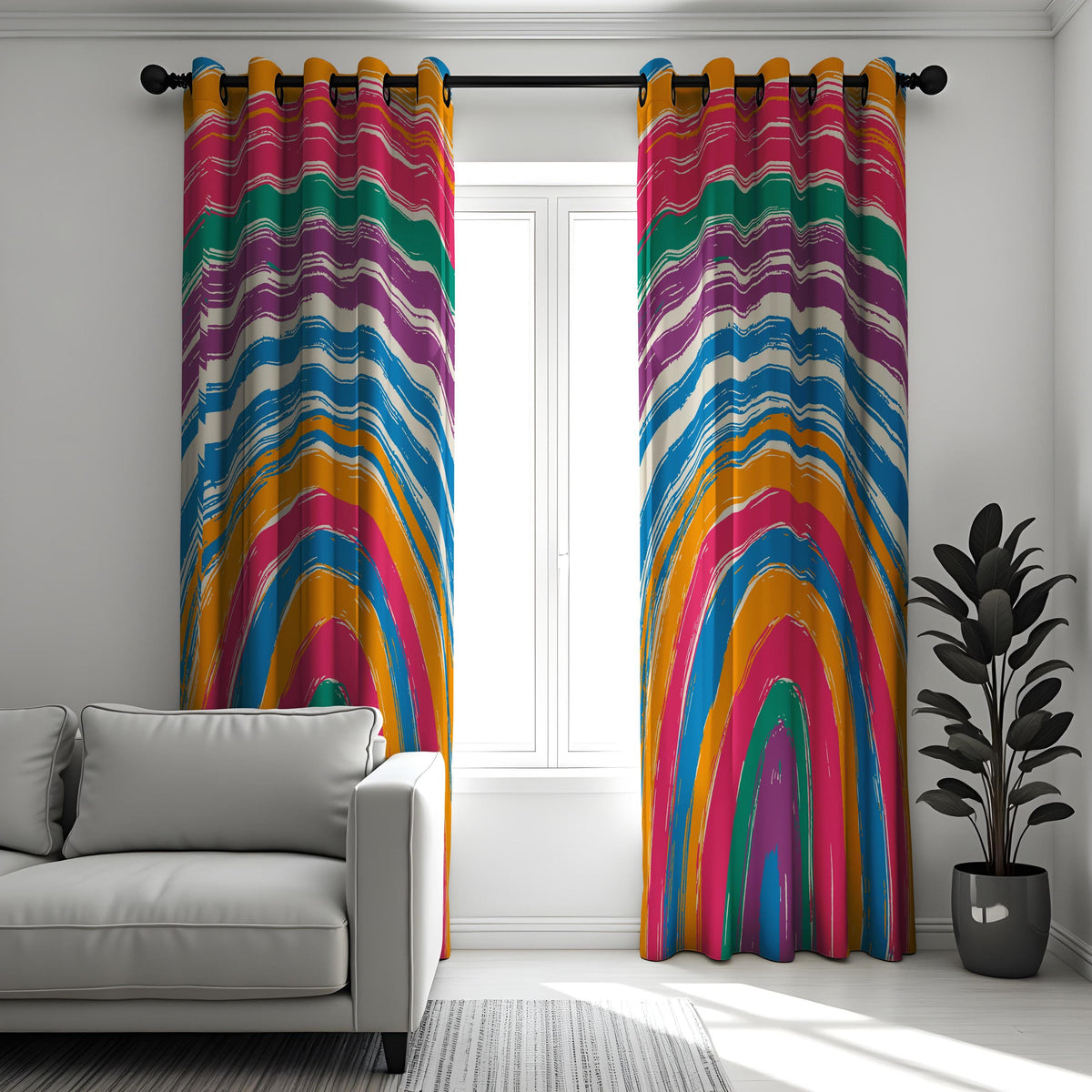 Rainbow Striped Curtains, Boho Paint Stroke Window Drapes