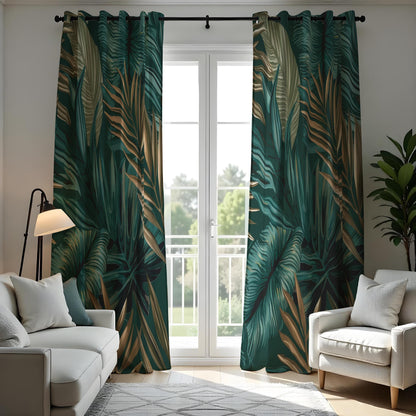 Dark Tropical Leaf Curtains, Jungle Botanical Print Drapes