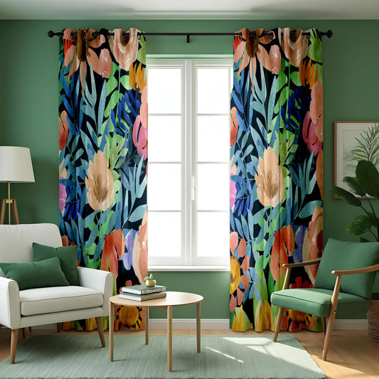 Bold Watercolor Floral Curtains, Colorful Botanical Drapes