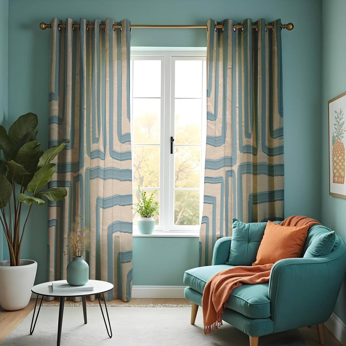 Blue Geometric Kitchen Curtains, Short Cafe Window Drapes