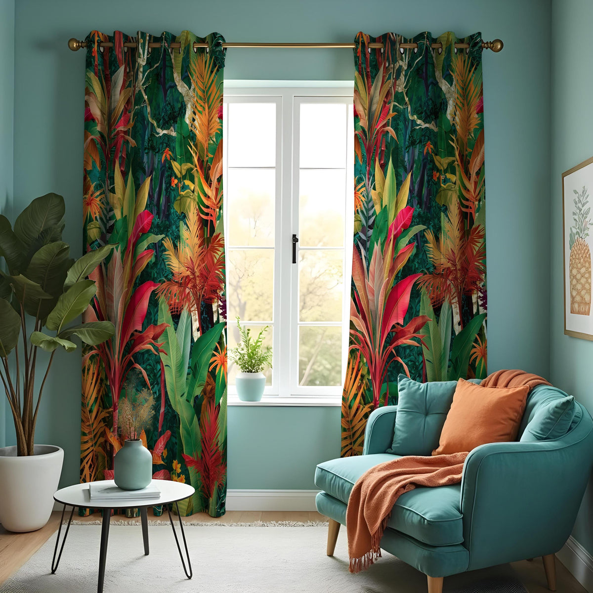 Colorful Jungle Leaf Curtains, Exotic Tropical Drapes