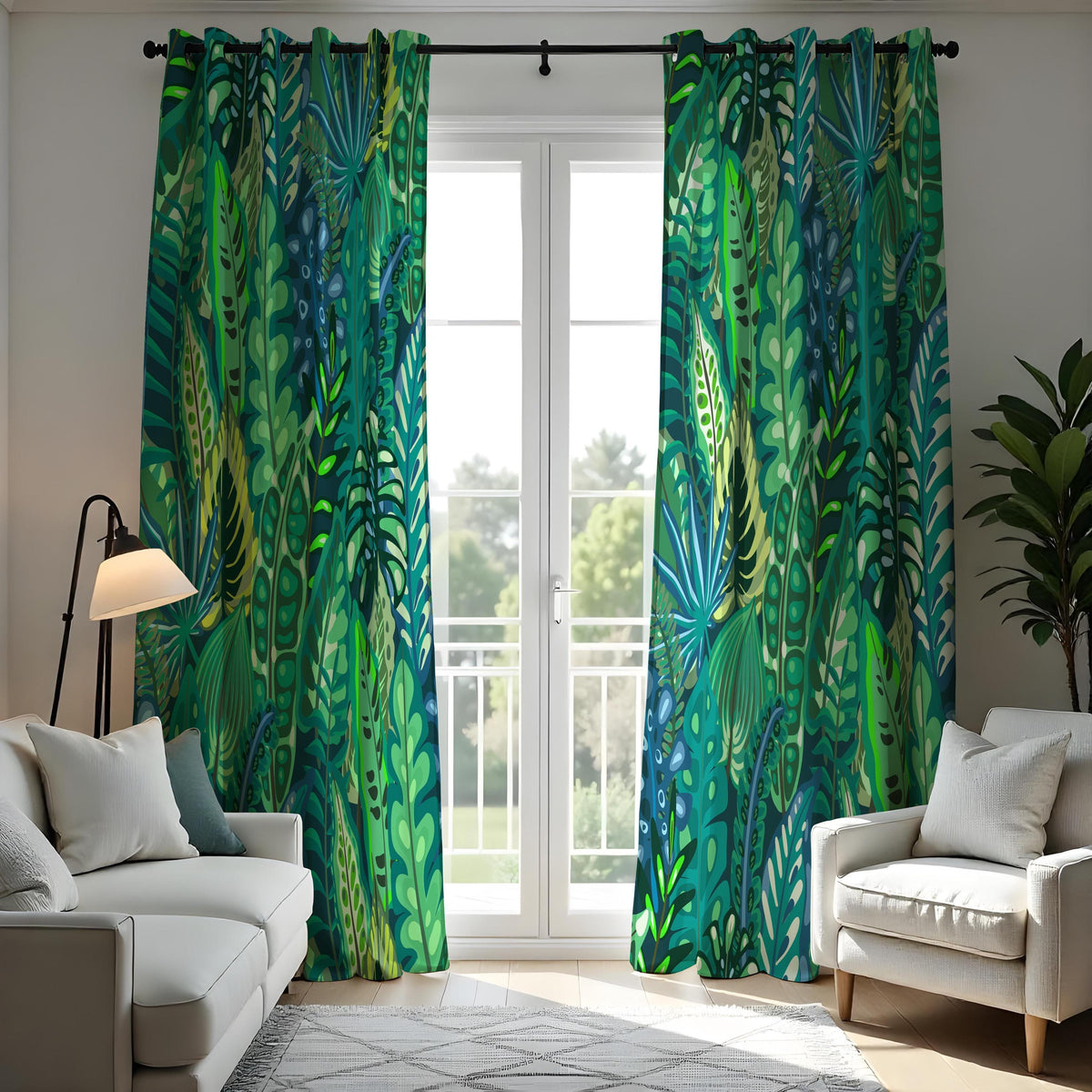 Green Jungle Leaf Curtains, Tropical Botanical Window Drapes