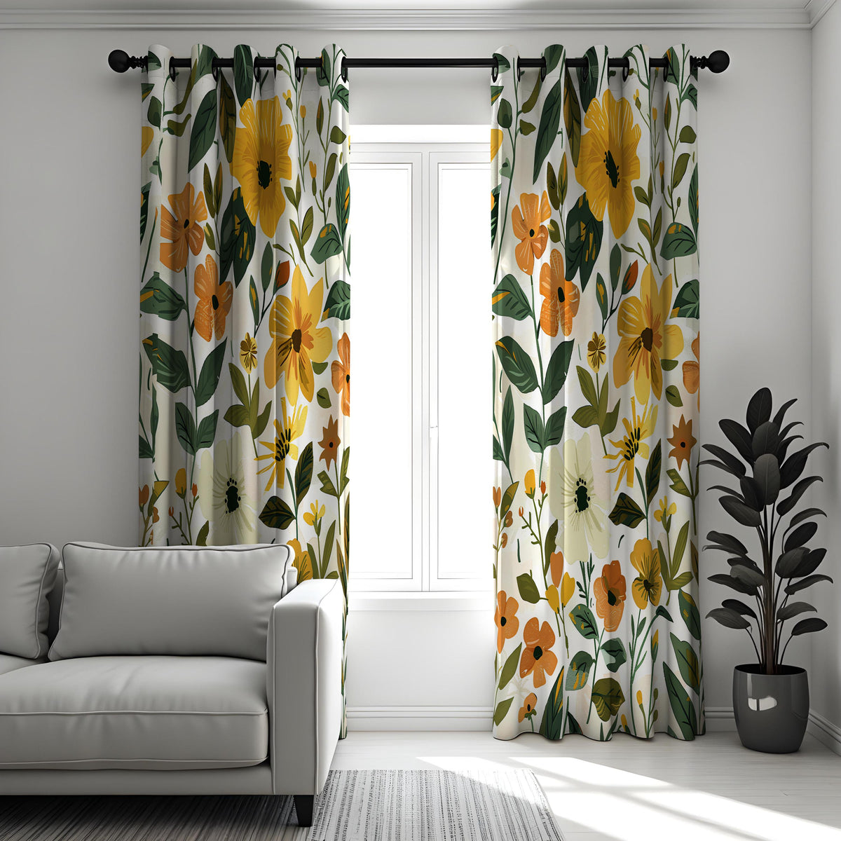 Yellow Floral Print Curtains, Summer Botanical Drapes