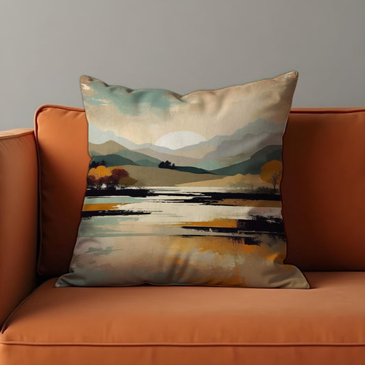 Serene Mountain Landscape Cushion Cover, Trees & Sunset Pillow Case