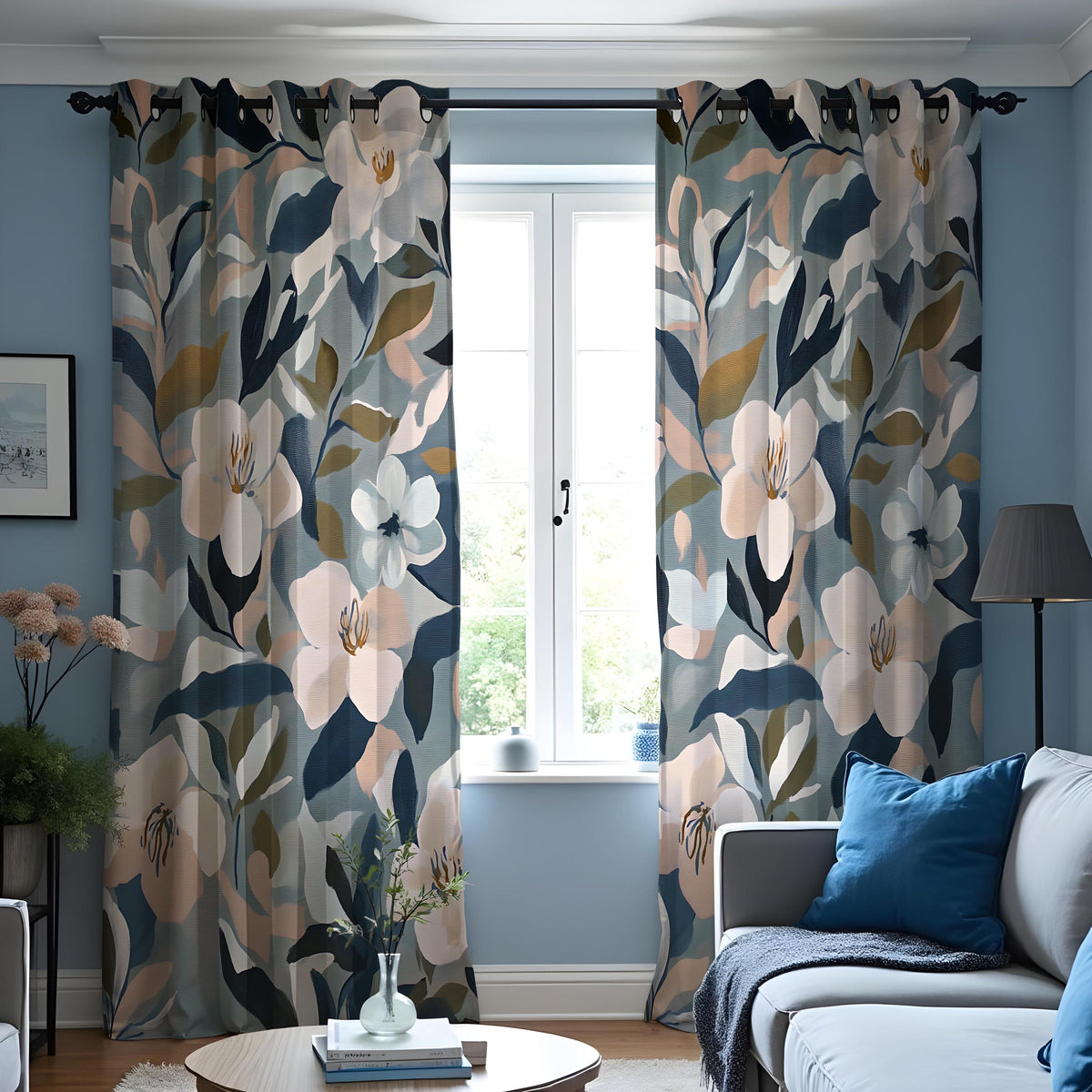 Navy Blue & Beige Floral Curtains, Abstract Leaf Drapes