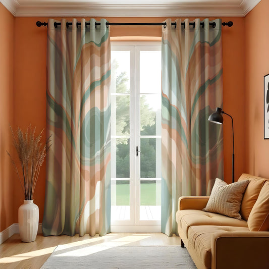 Earth Tone Retro Swirl Curtains, Marble Pattern Drapes