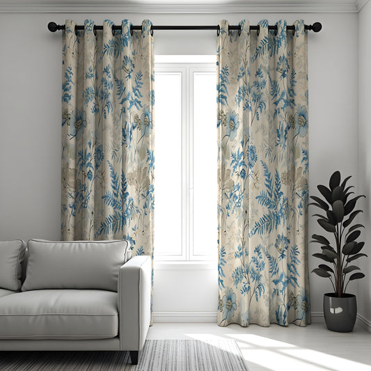 Light Blue Botanical Curtains, Floral & Fern Print Drapes