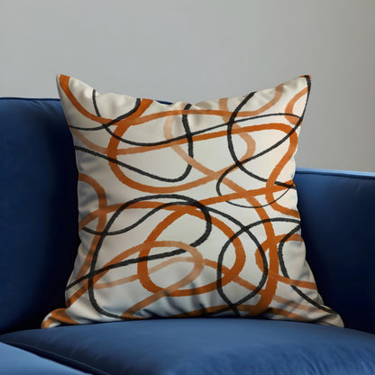 Modern Abstract Line Cushion Cover, Black & Rust Scribble Loops Pillow Case