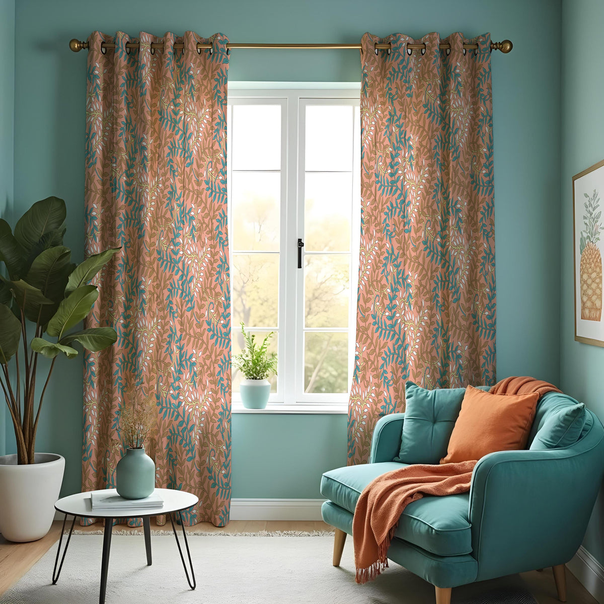 Rust Orange & Teal Leaf Curtains, Soft Botanical Drapes
