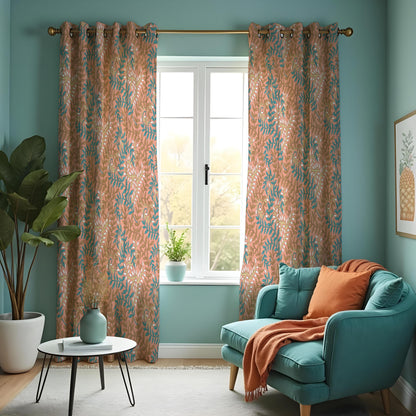 Rust Orange & Teal Leaf Curtains, Soft Botanical Drapes