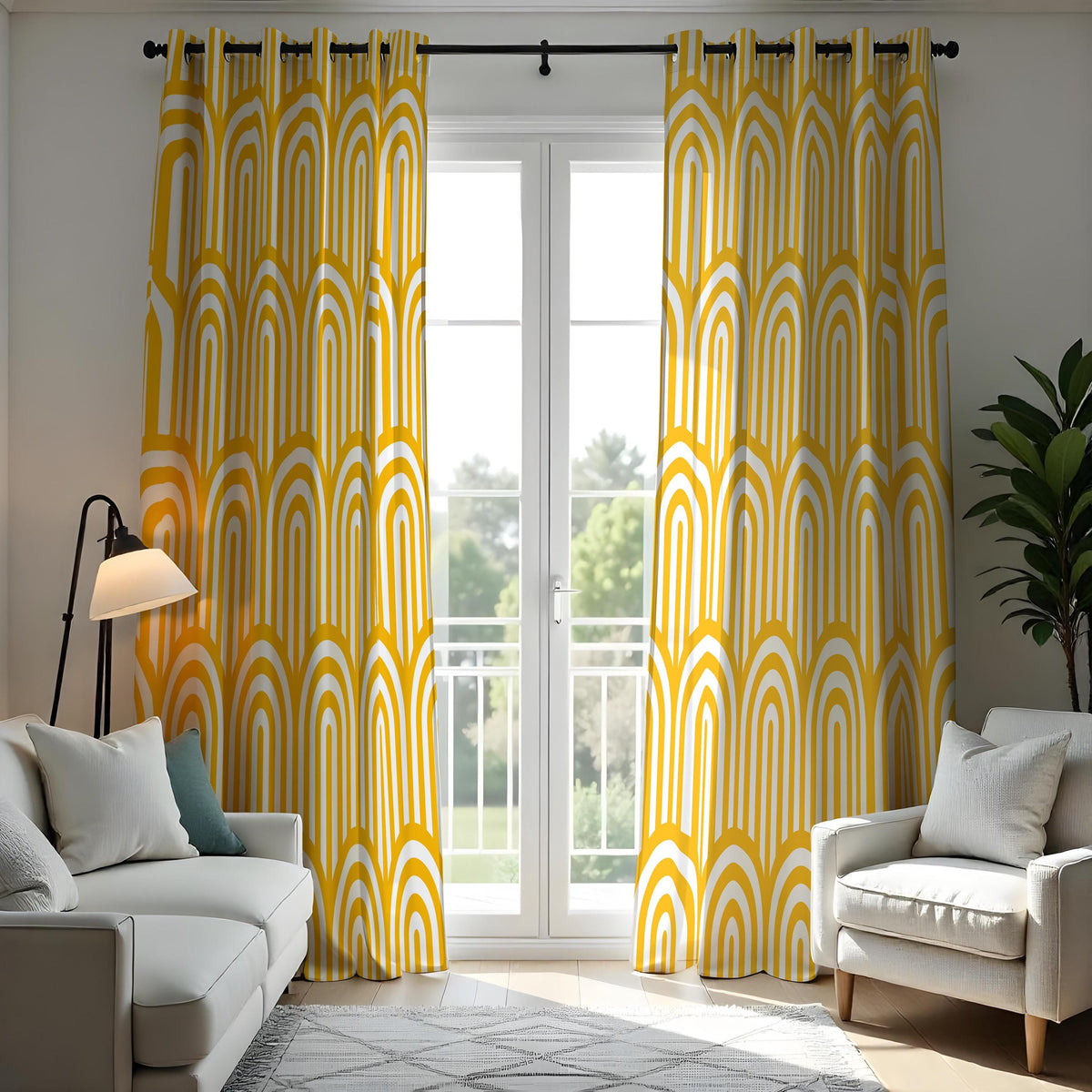 Mustard Yellow Retro Arch Curtains, Rainbow Geometric Drapes