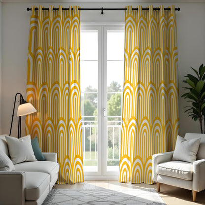 Mustard Yellow Retro Arch Curtains, Rainbow Geometric Drapes