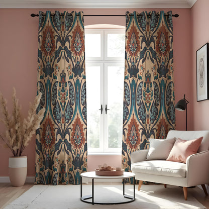 Teal & Rust Damask Floral Curtains, Boho Baroque Drapes