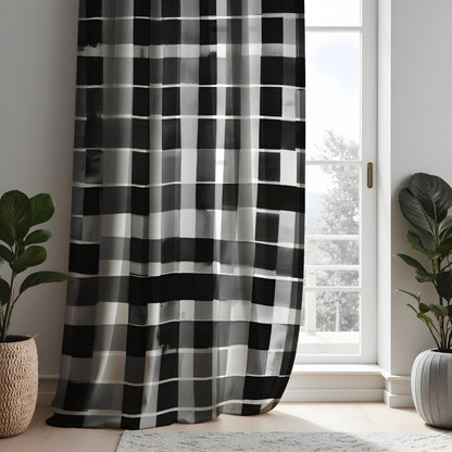 Black and White Grid Curtains, Monochrome Geometric Drapes