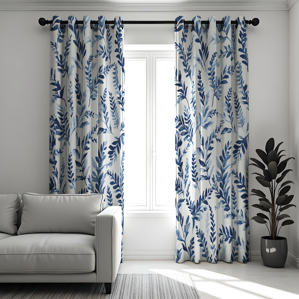 Blue Watercolor Leaf Curtains, Botanical Nature Drapes