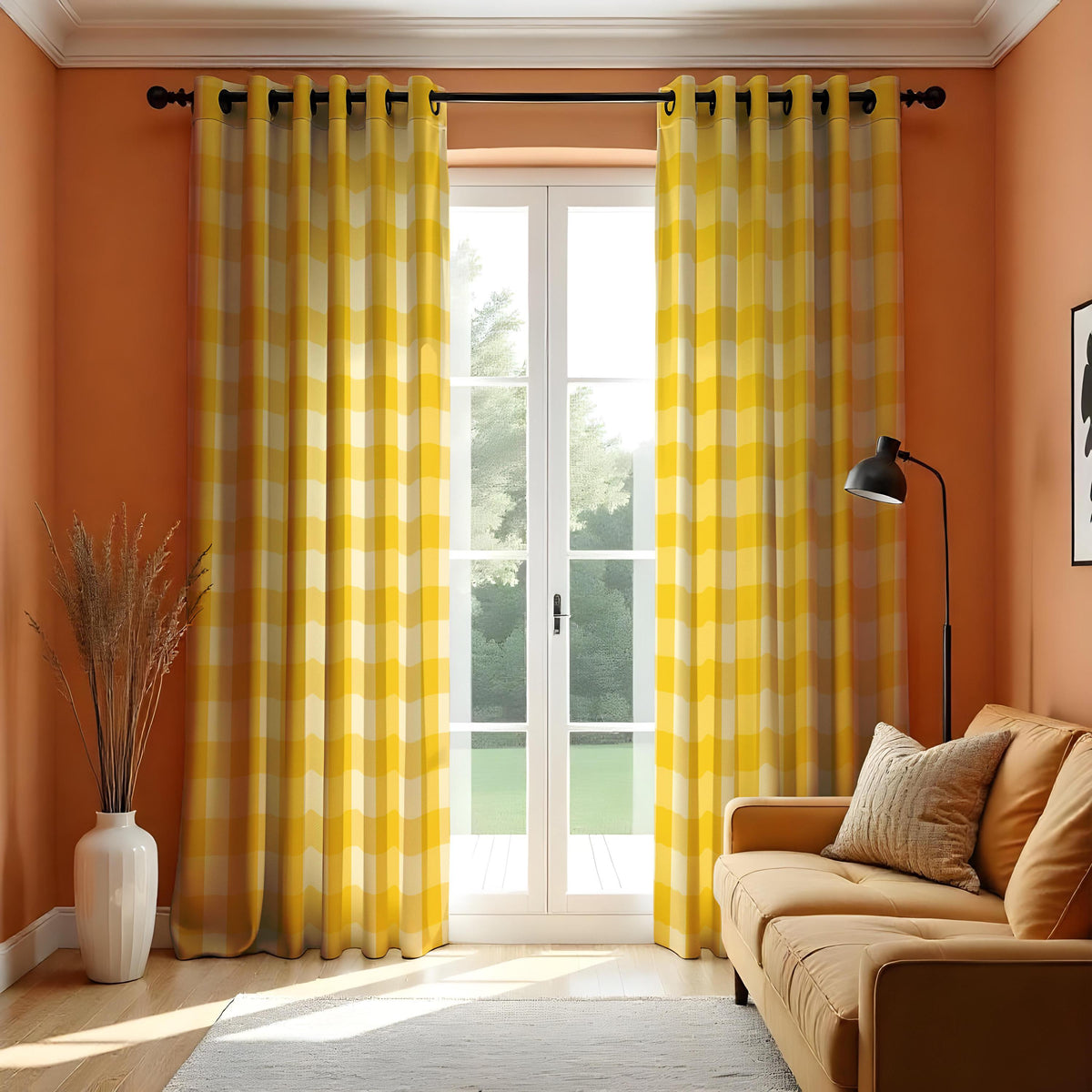 Yellow Gingham Check Curtains, Farmhouse Kitchen Drapes