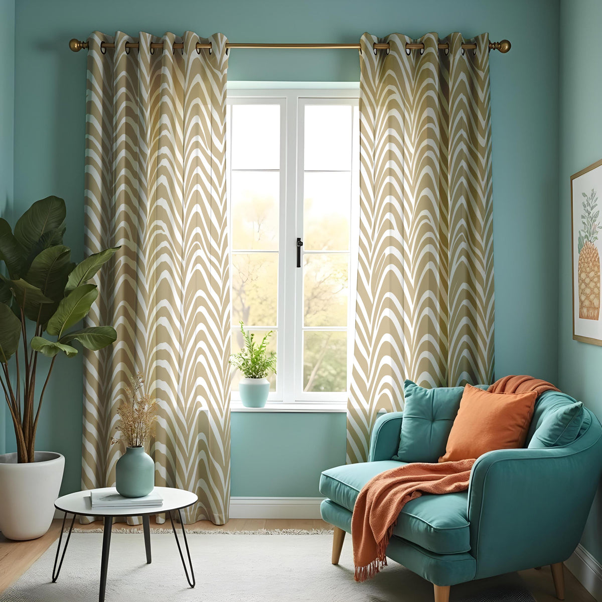 Beige Chevron Curtains, Neutral Zigzag Window Drapes