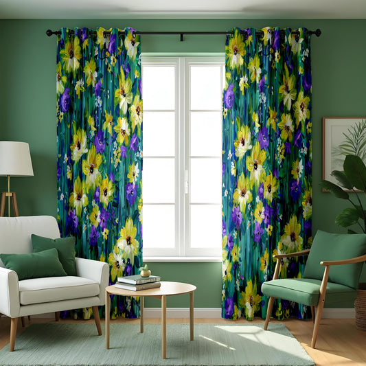 Yellow & Purple Watercolor Floral Curtains, Custom Drapes