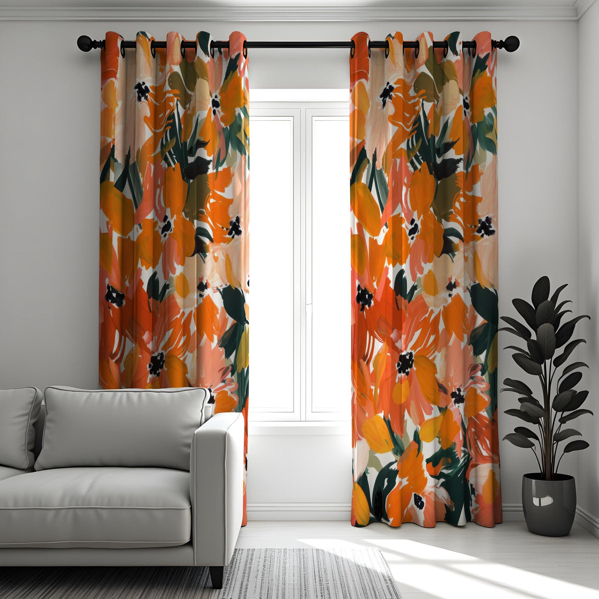 Orange Abstract Floral Curtains, Painterly Botanical Drapes