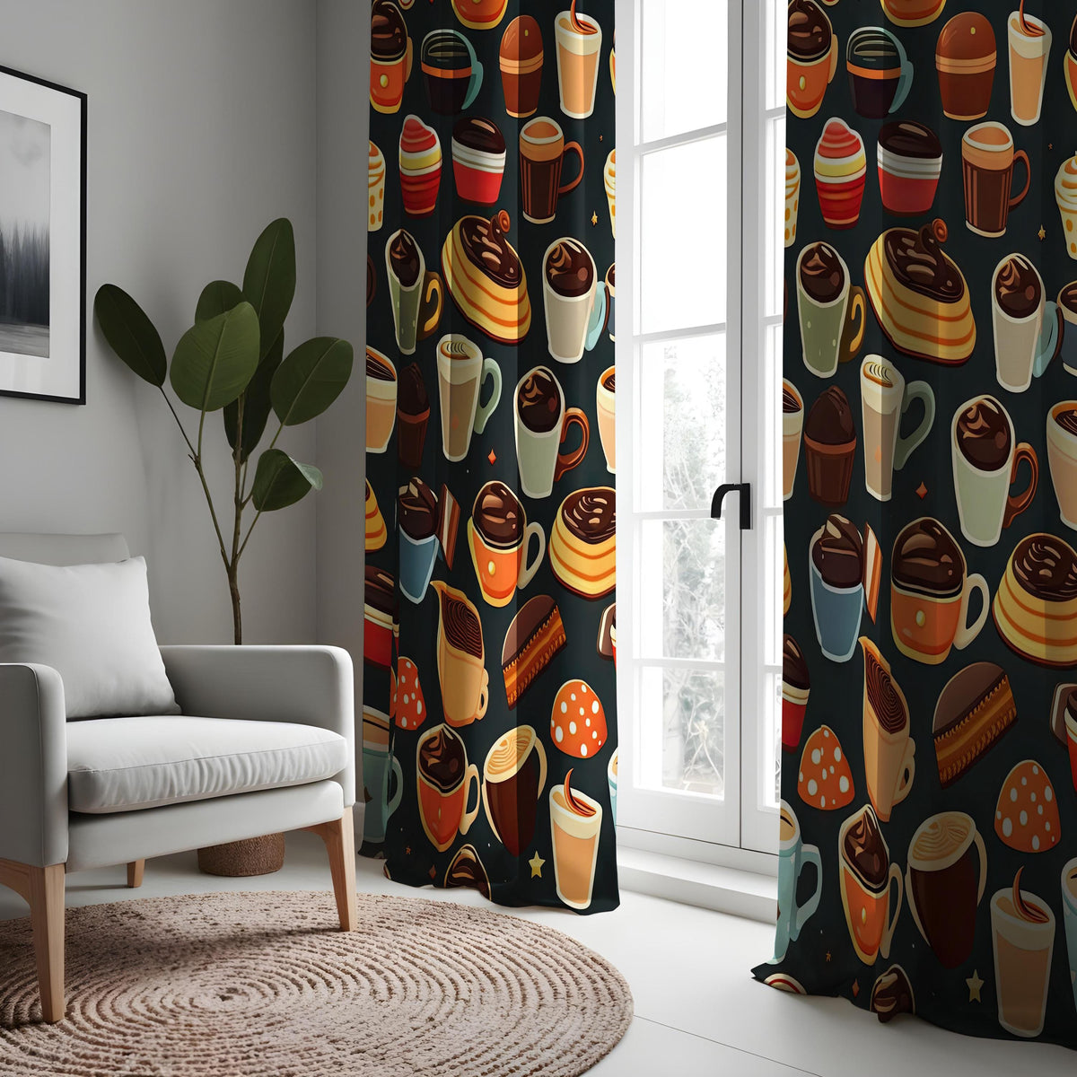 Coffee and Dessert Kitchen Curtains, Cafe Pastry Print Drapes