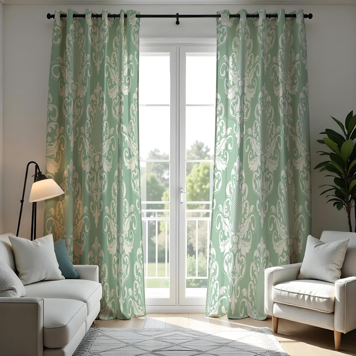 Green Damask Curtains, Traditional Ornate Custom Drapes