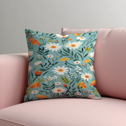 Daisy Floral Cushion Cover, Teal Wildflower Throw Pillow Cover