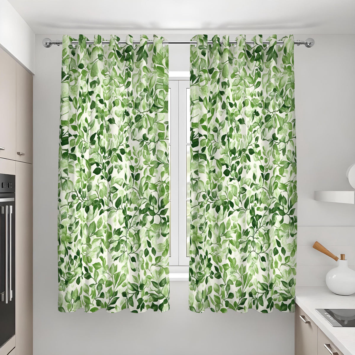 Green Leaf Botanical Curtains, Tropical Print Custom Drapes