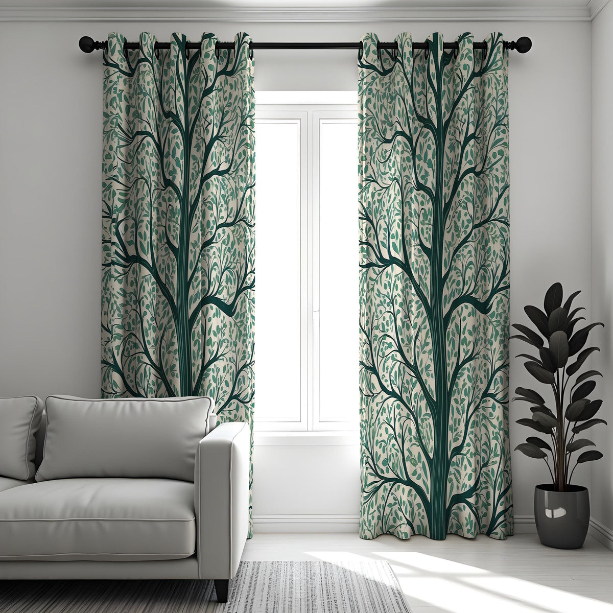 Green Tree Silhouette Curtains, Branch & Leaf Botanical Drapes