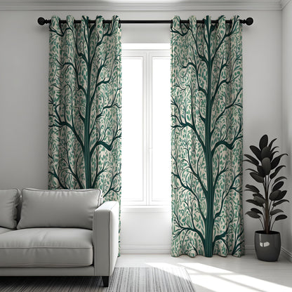 Green Tree Silhouette Curtains, Branch & Leaf Botanical Drapes