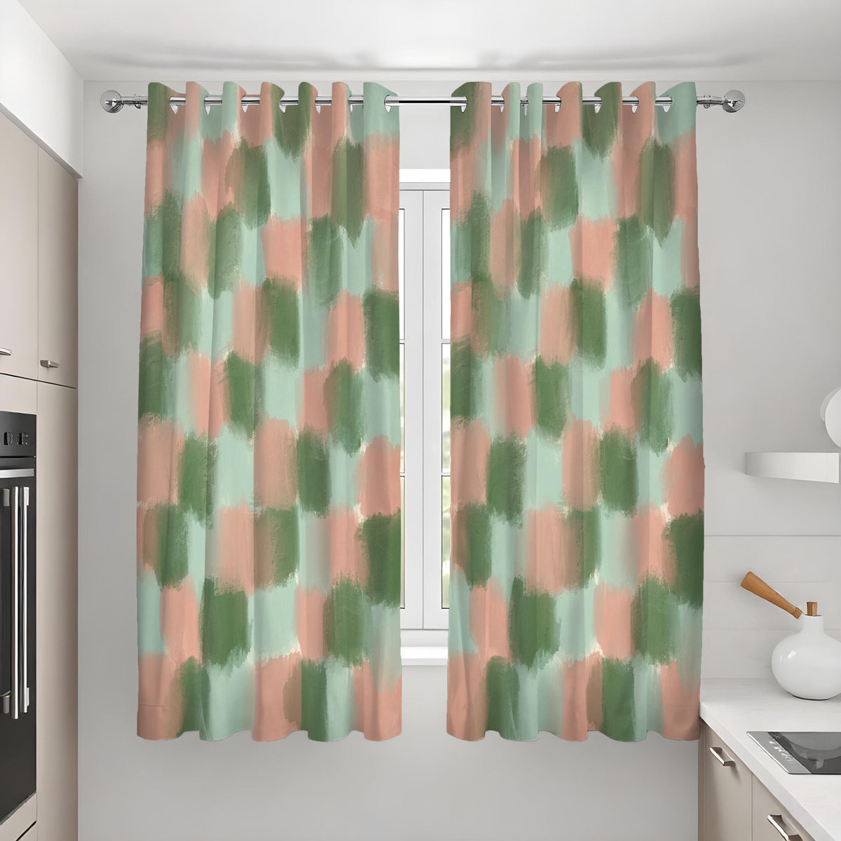 Green and Peach Brushstroke Curtains, Abstract Art Drapes