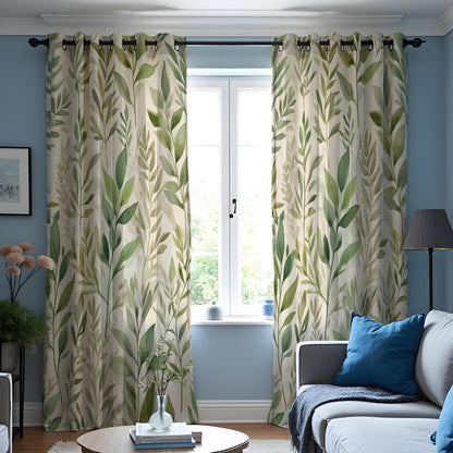 Green Botanical Leaf Curtains, Tropical Nature Custom Drapes
