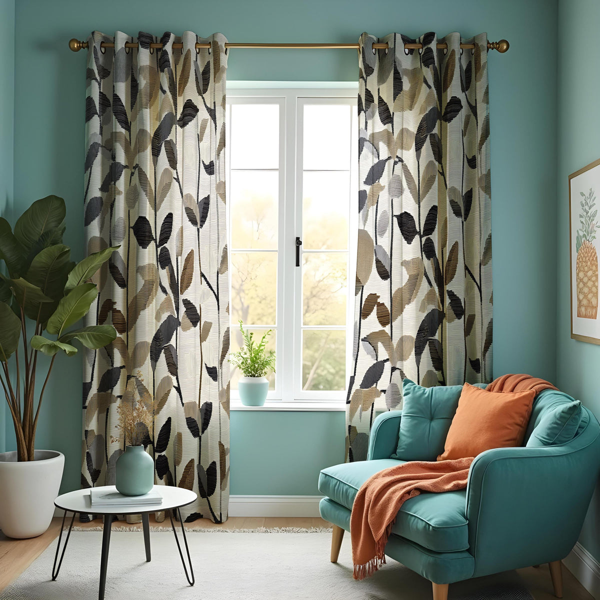 Beige & Black Leaf Print Curtains, Neutral Botanical Drapes