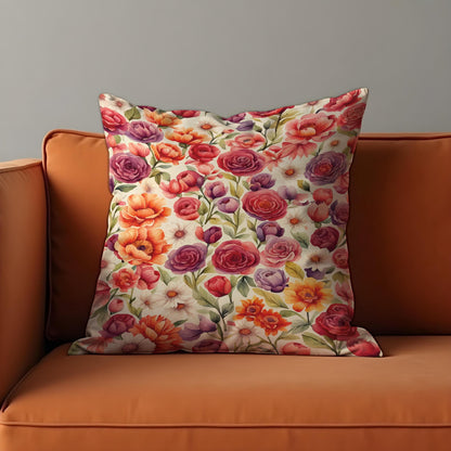 Colorful Garden Floral Cushion Cover, Purple & Orange Flowers Pillow Case