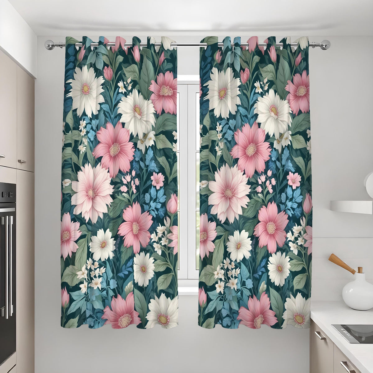 Pink Flower Curtains, Oversized Botanical Floral Drapes