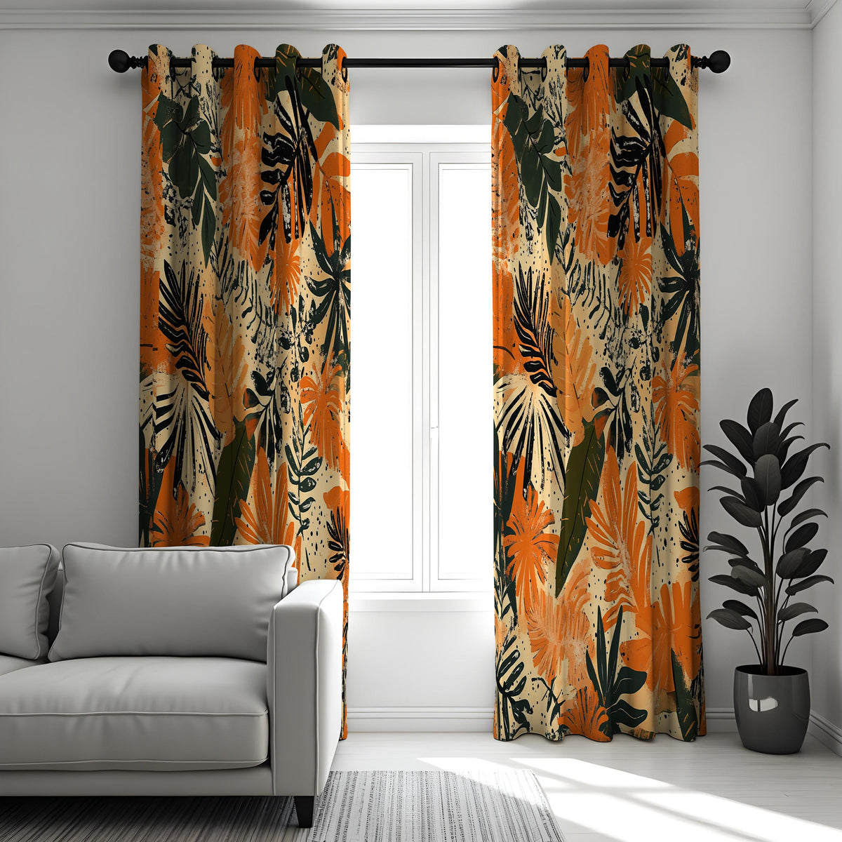 Orange Tropical Leaf Curtains, Jungle Foliage Window Drapes