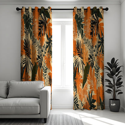 Orange Tropical Leaf Curtains, Jungle Foliage Window Drapes