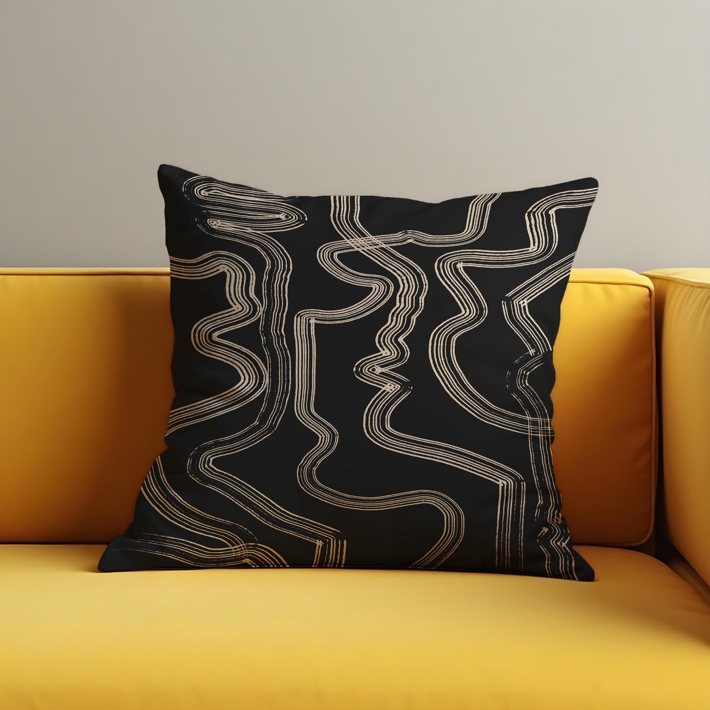 Abstract Black and Beige Cushion Cover, Geometric Lines Throw Pillow Cover
