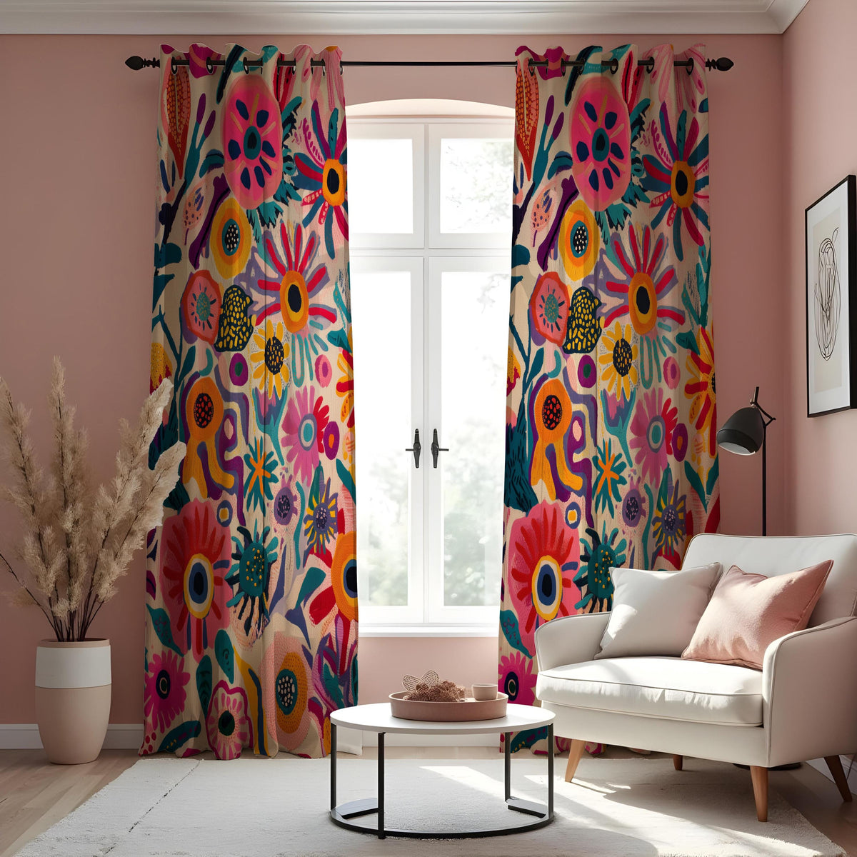 Vibrant Boho Floral Curtains, Folk Art Flower Drapes