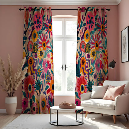 Vibrant Boho Floral Curtains, Folk Art Flower Drapes