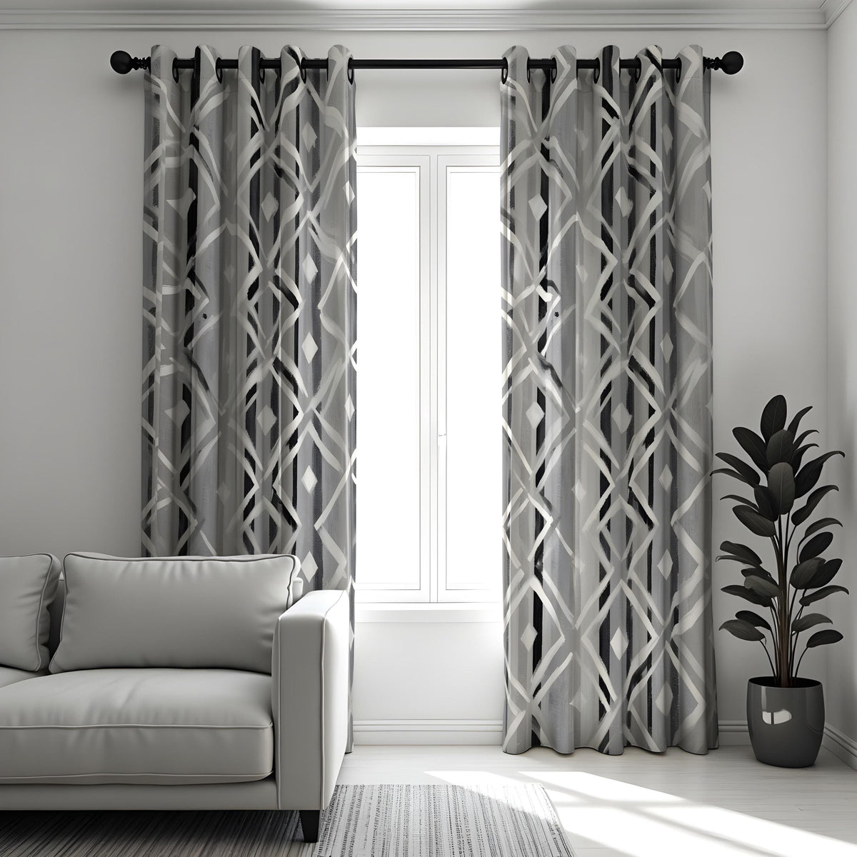 Grey Geometric Curtains, Neutral Abstract Pattern Drapes