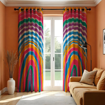 Rainbow Striped Curtains, Boho Paint Stroke Window Drapes